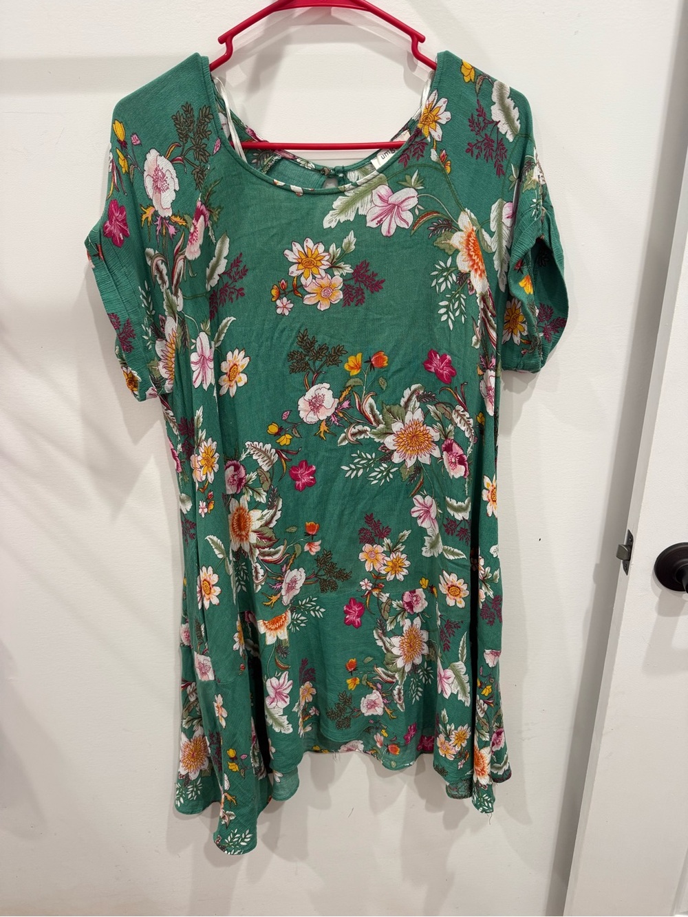 Umgee Green Floral Swing Tunic with Pink & Yellow Accents
